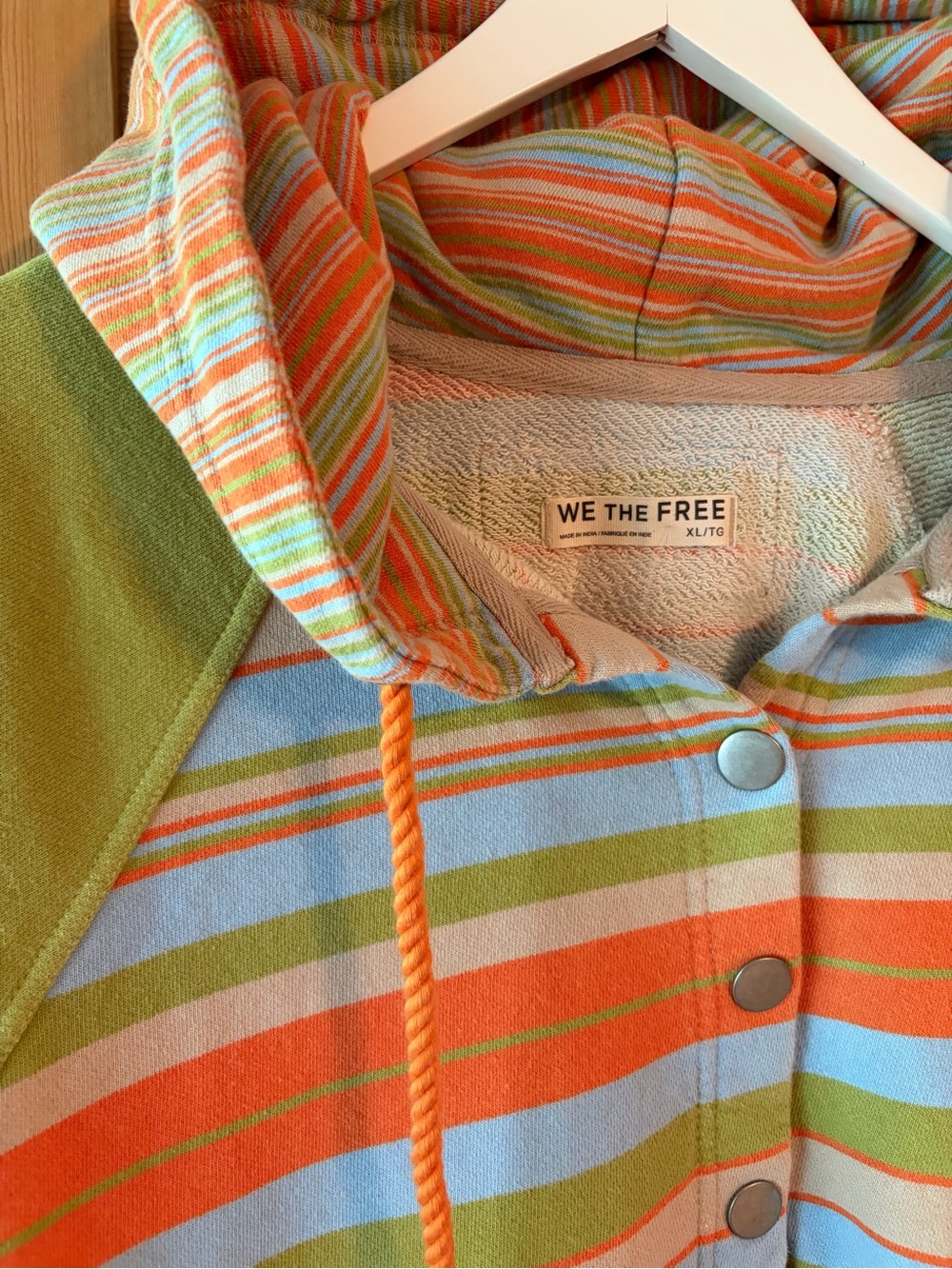 We The Free Hooded Snap-Front Striped Top in Orange, Green & Light Blue